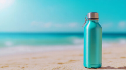 Turquoise reusable water bottle on a sunny beach with blurred ocean waves and sky, promoting sustainability and eco-friendly hydration