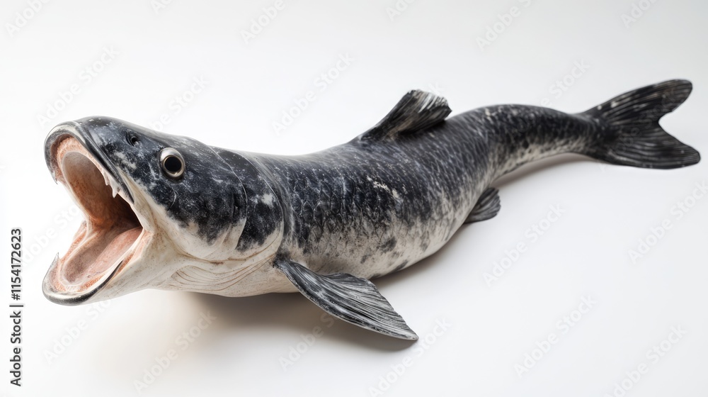 Poster side view of an open-mouthed grey koi fish isolated on a white background showcasing intricate detai