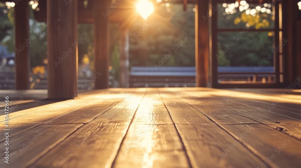 Poster empty wooden table with sunlight shining through blurred background creating a tranquil atmosphere i