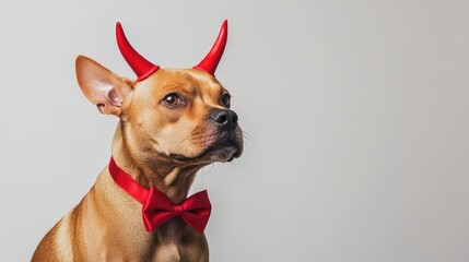 Dog dressed in devil horns and bowtie with a neutral background portraying a playful and humorous pet costume concept