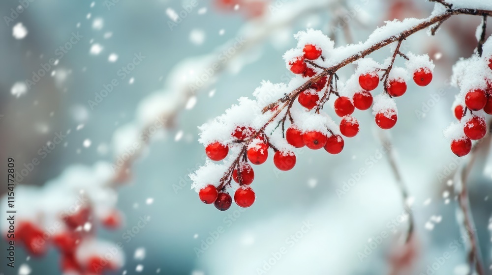 Poster rowan berries covered in snow during winter with a soft snowfall creating a serene and beautiful nat