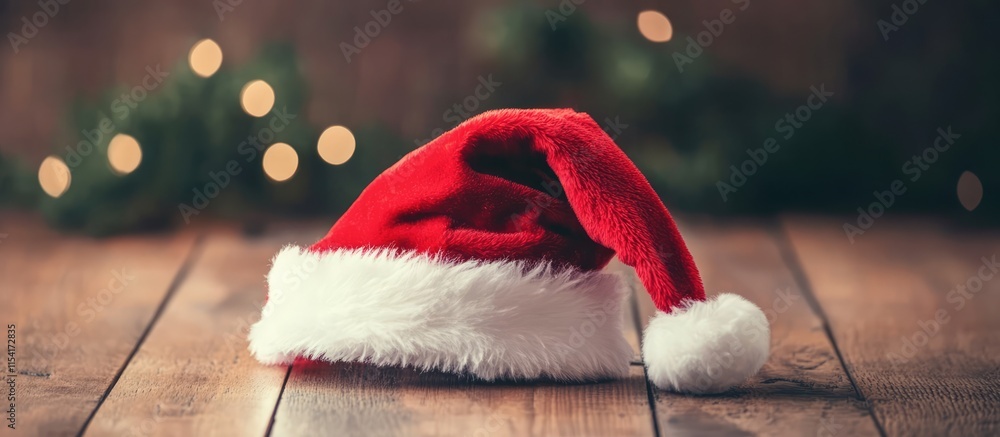 Poster festive santa claus hat on rustic wooden surface with soft bokeh lights in the background creating a