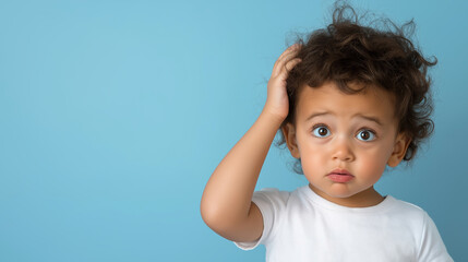 Puzzled toddler scratching head, soft blue backdrop, natural illumination capturing childhood bewilderment