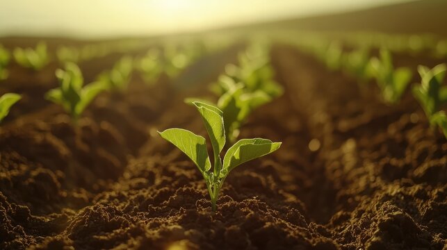 Rows of healthy sugar beet plants flourish in fertile soil under warm sunlight highlighting robust agricultural growth in an expansive field