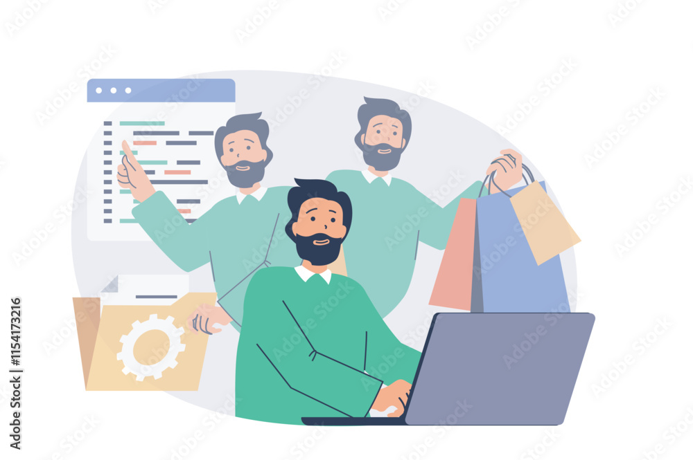 Poster multitasking web concept with flat cartoon people for website design. man doing work tasks and organ
