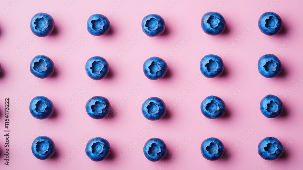 Aufkleber flat lay of fresh blueberries arranged in a grid pattern on a soft pink background showcasing vibran