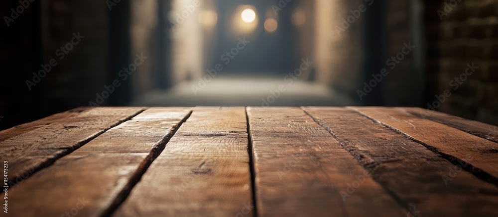Aufkleber rustic wooden table in focus with a blurred corridor background perfect for product display and mark