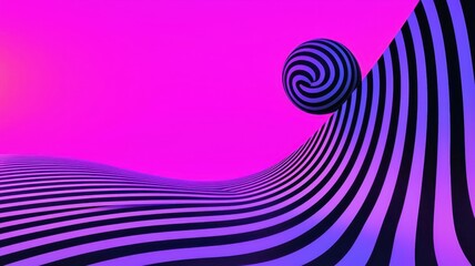 A vibrant abstract landscape featuring swirling black and purple stripes against a bright pink background, with a spherical element adding depth.