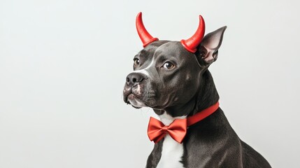 Playful dog in devil horns and bowtie showcasing a fun and festive mood on a plain white background