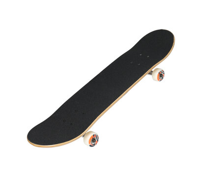 One modern skateboard with black griptape isolated on white