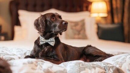 Elegant dog in bowtie relaxing on a luxurious bed with soft decor and warm lighting creating a cozy atmosphere.