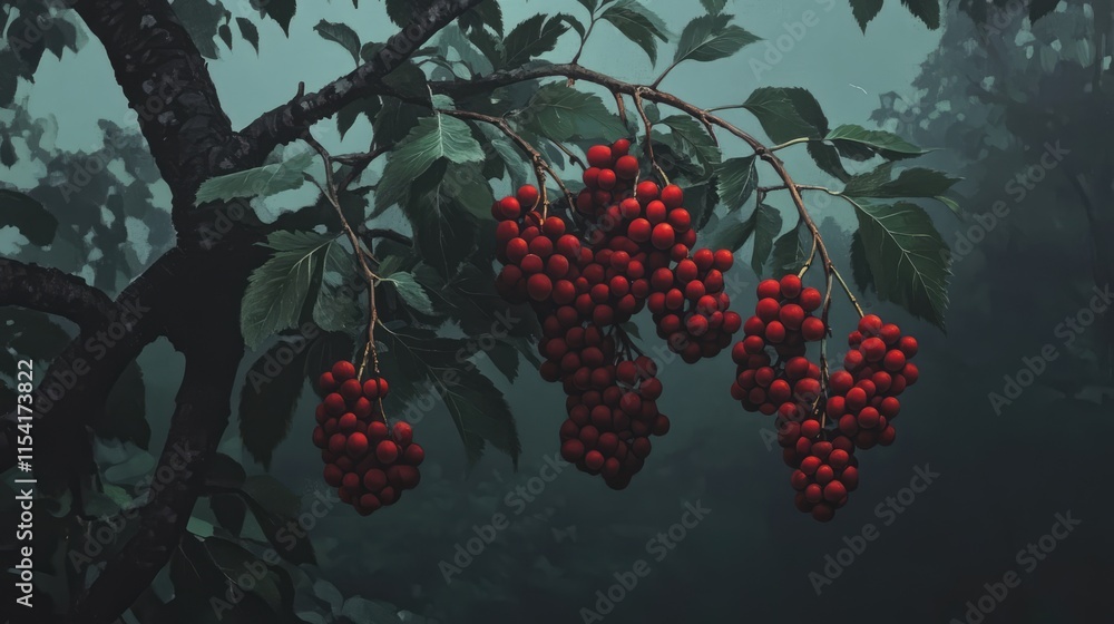 Poster rowan berries clusters on a dark tree branch surrounded by misty foliage in a serene natural setting