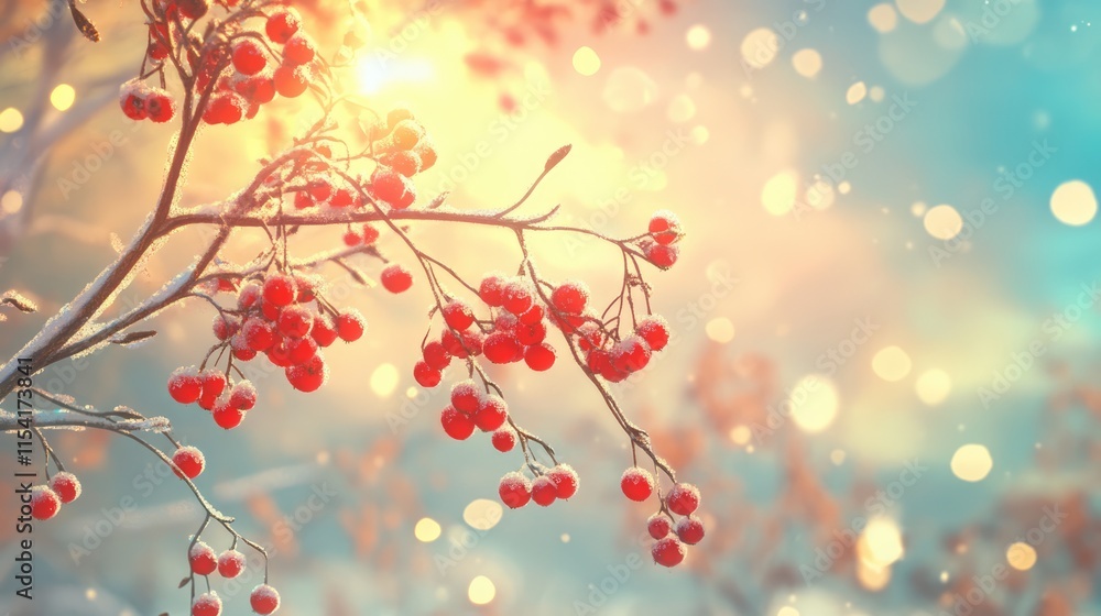 Poster rowan tree branch with vibrant red berries against a soft bokeh sky background creating a serene aut