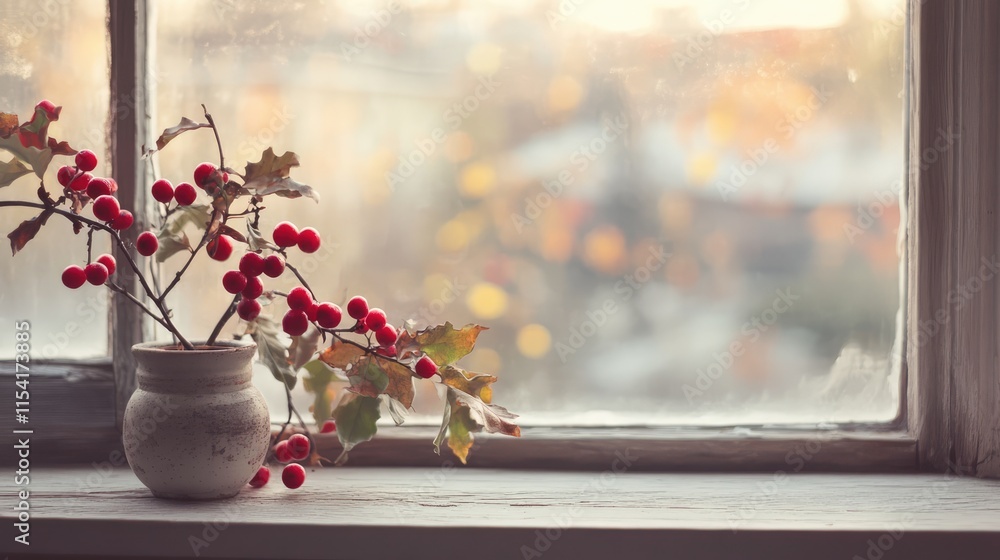 Poster rowan branches with red berries in a vase on a sunlit windowsill creating a warm and cozy atmosphere