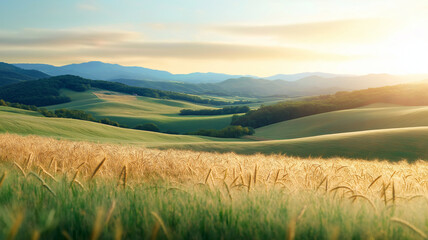 Golden wheat field with rolling hills and serene sunset