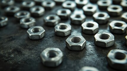 Close up view of shiny new double-threaded nuts arranged on a dark, textured concrete surface in a workshop setting.