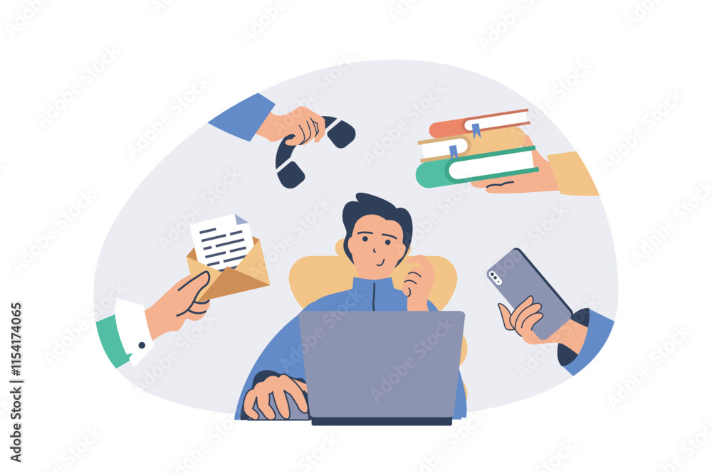 Poster multitasking web concept with flat cartoon people for website design. man doing work tasks and organ