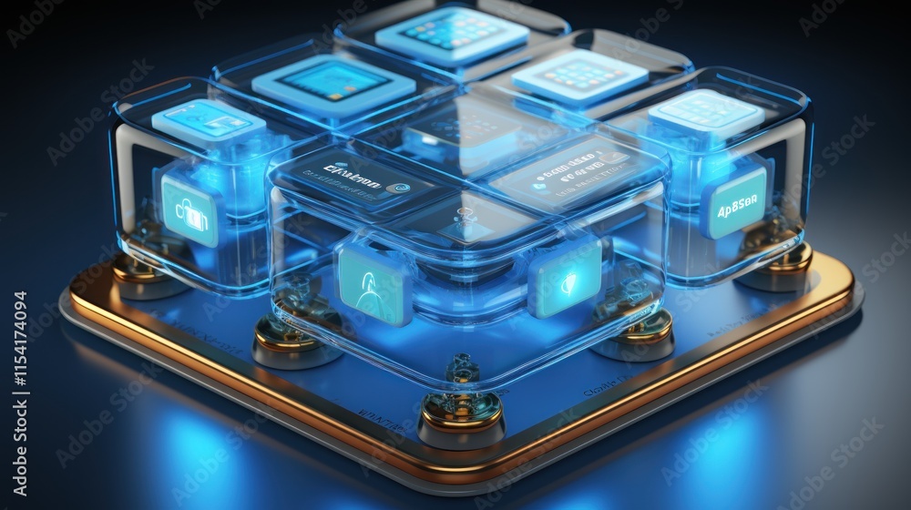 Aufkleber futuristic transparent tech cube: a 3d render of interconnected digital apps