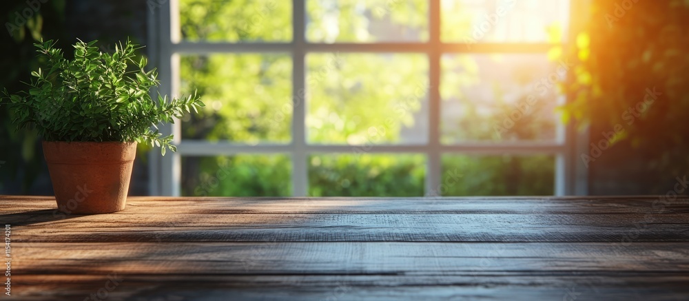 Poster cozy rustic desk with a potted plant and soft sunlight filtering through a blurred window creating a