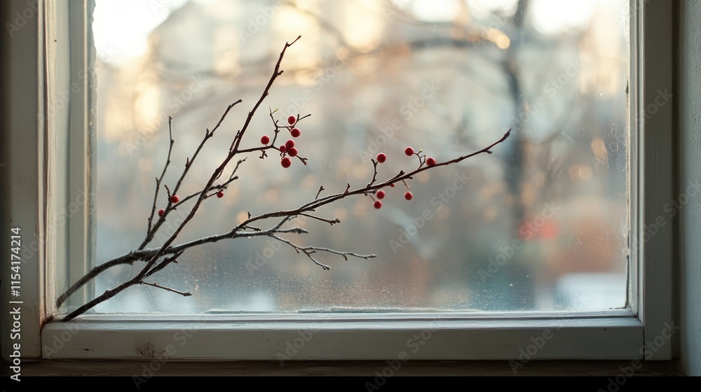 Poster rowan berries perched on a windowsill with blurred background creating a serene autumn atmosphere.