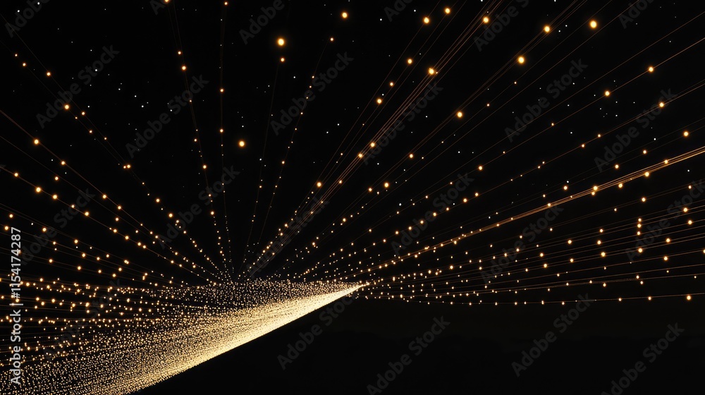 Poster diagonally arranged string lights illuminating the night sky creating a mesmerizing star-like visual