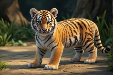 Obraz premium there is a tiger cub standing on a path in the jungle