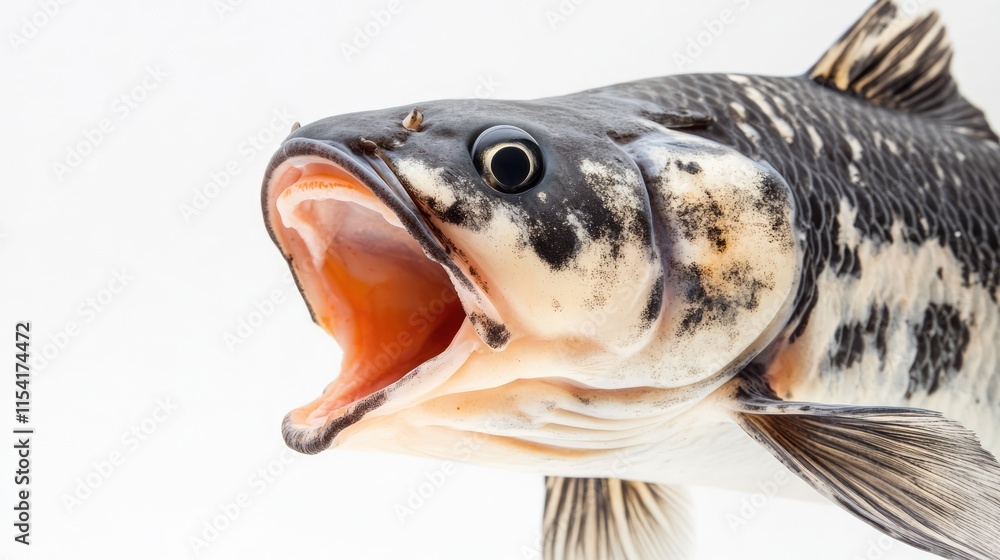 Poster side profile of a grey koi fish with open mouth isolated on a white background showcasing its vibran