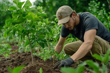 Fototapeta premium Man planting a tree in a green garden.