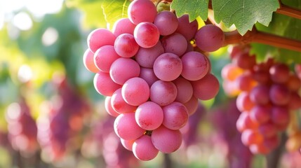 Vibrant clusters of ripe pink wine grapes ready for harvest in picturesque vineyards for rose wine production