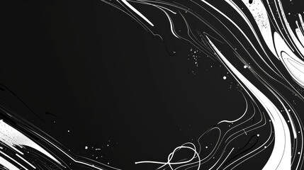 Obraz premium Abstract black and white swirling design with dynamic lines and specks.