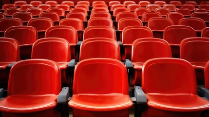 Naklejka premium Empty red stadium bleachers arranged in semi-circular rows ready for an upcoming event in a sports venue or concert hall setting