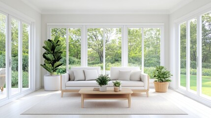 Bright and Airy Living Room with Large Windows Overlooking Green Garden Nature View