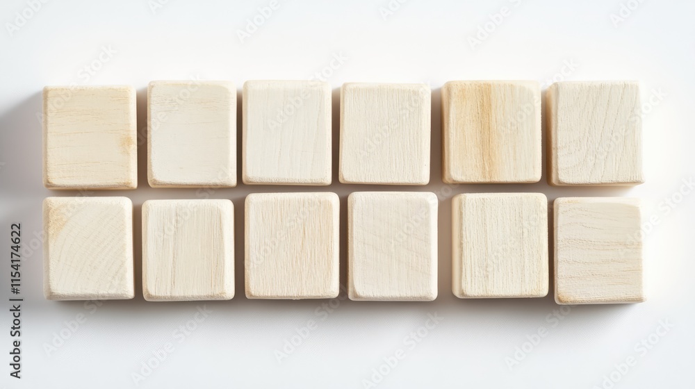 Poster ten blank wooden blocks arranged in a row on a white background offering ample copyspace for customi