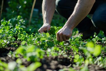 Fototapeta premium Man planting a tree in a green garden.