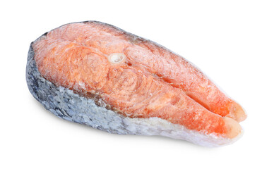 One frozen salmon steak isolated on white