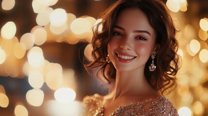 Elegant woman in evening dress with sparkling bokeh lights creating a festive atmosphere and capturing joyful moments of celebration.