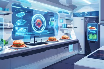 Futuristic kitchen with holographic menu