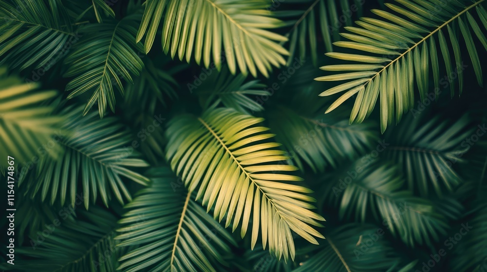 Poster lush green palm leaves create a serene and artistic background with a soft focus for nature-themed d