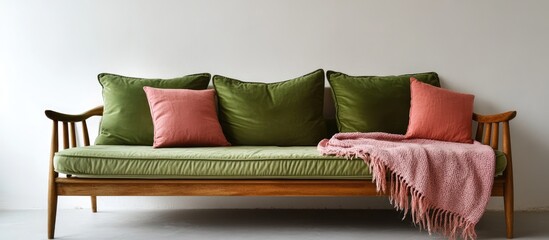 Scandinavian style couch with green cushions and pink blanket in a minimalist white interior showcasing cozy and stylish home decor