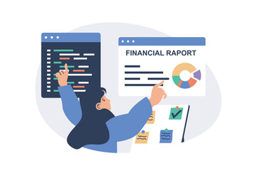 Multitasking web concept with flat cartoon people for website design. Woman doing work in office, coding and programming at screens, making financial reports, planning tasks. Vector illustration.