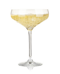 Pouring champagne into glass isolated on white