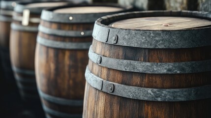 Fototapeta premium Wooden wine barrels lined up in an ancient wine cellar highlighting craftsmanship and tradition in winemaking process