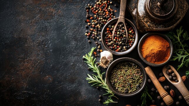 Spices and herbs on dark textured surface