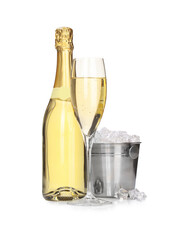 Fototapeta premium Champagne and bucket with ice isolated on white