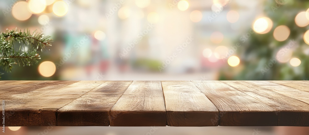Aufkleber rustic wooden tabletop with blurred bokeh lights in the background ideal for product displays and fe
