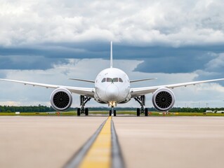 Obraz premium Modern Passenger Airplane on Runway Under Dramatic Cloudy Sky