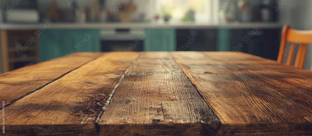 Poster rustic wooden table close-up with a softly blurred kitchen background ideal for creating inviting di