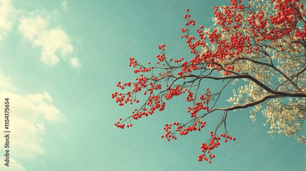 Poster rowan tree branches adorned with vibrant red berries against a soft blue sky with fluffy clouds in a