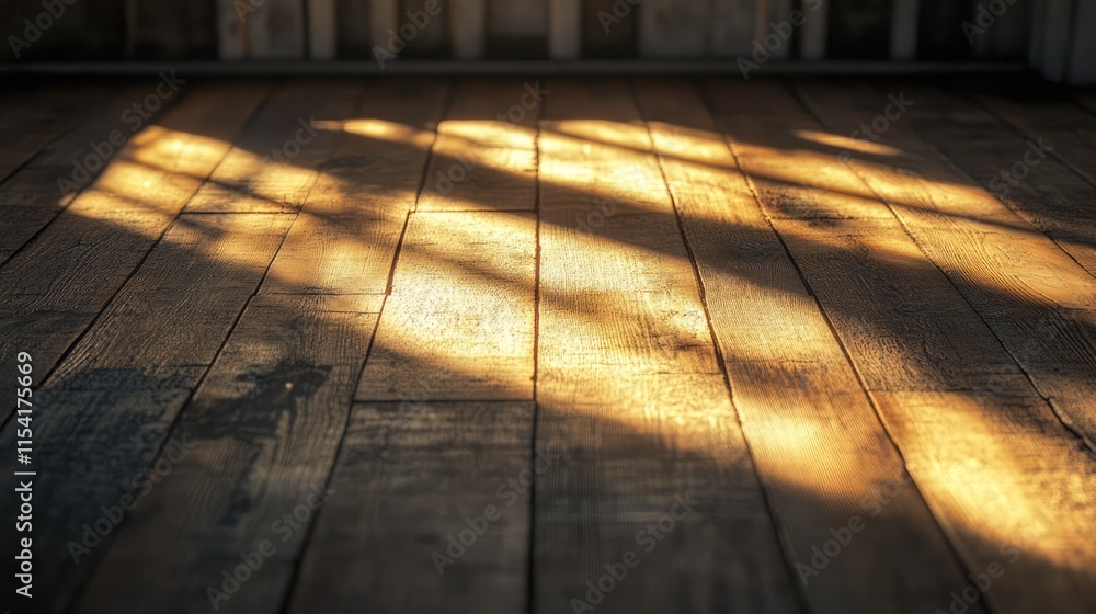 Poster shadows of architectural elements cast on a weathered wooden floor creating warm, inviting textures 