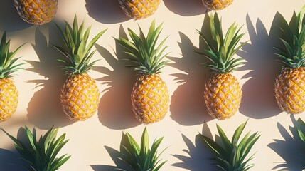 Fresh ripe pineapples arranged in rows showcasing vibrant green leaves on a pastel background perfect for cooking and food-related themes